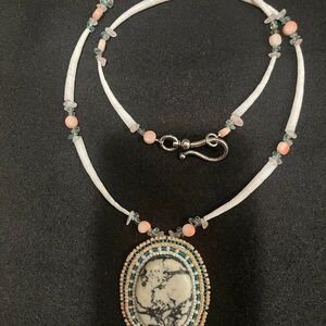 Handcrafted White and Coral Bead Pendant Necklace
